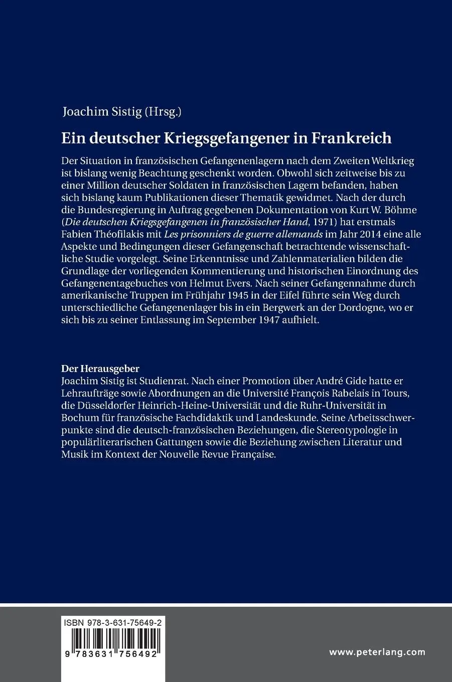 Rückseite: 9783631756492 | Ein deutscher Kriegsgefangener in Frankreich | Joachim Sistig | Buch