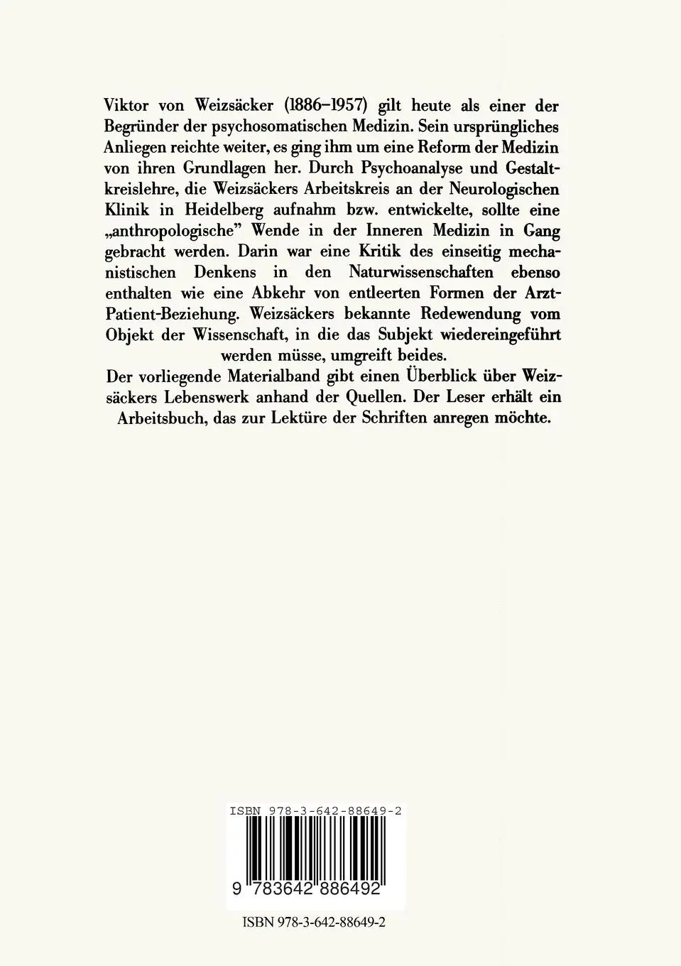 Rückseite: 9783642886492 | Viktor von Weizsäcker (1886-1957) | Materialien zu Leben und Werk