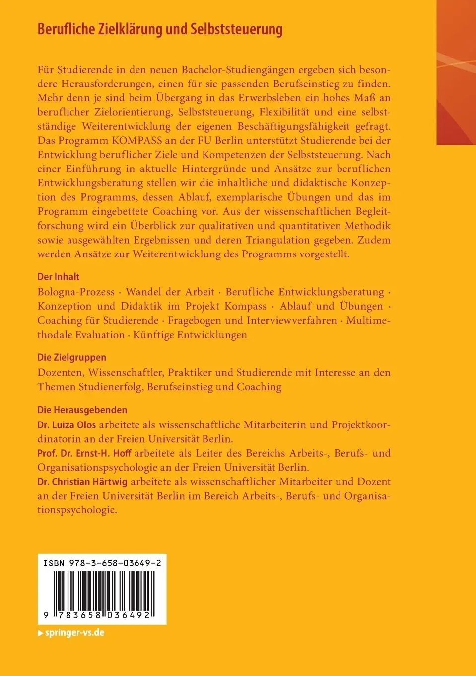 Rückseite: 9783658036492 | Berufliche Zielklärung und Selbststeuerung | Luiza Olos (u. a.) | Buch