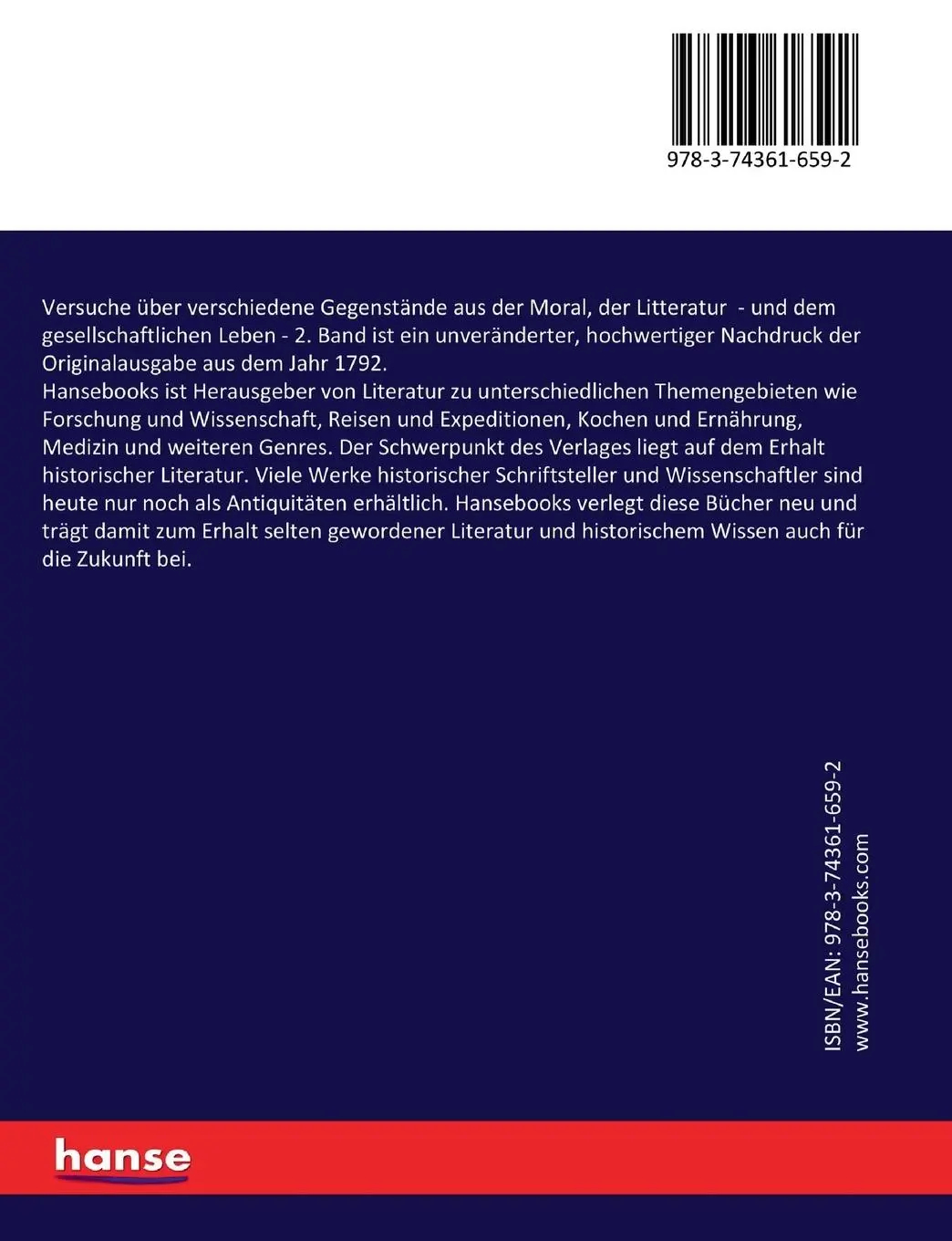 Rückseite: 9783743616592 | Versuche über verschiedene Gegenstände aus der Moral, der Litteratur
