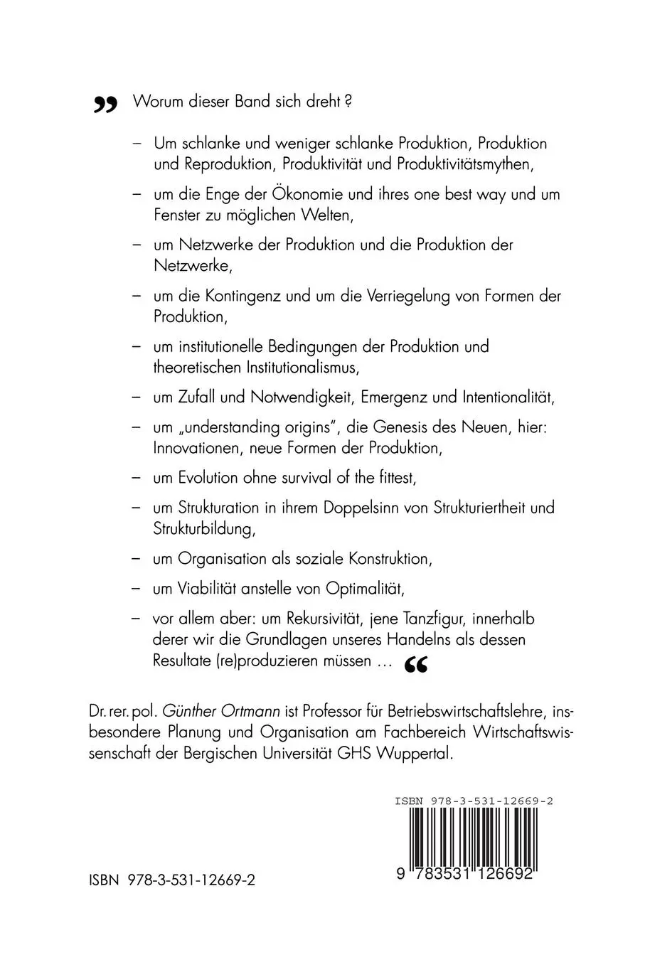 Rückseite: 9783531126692 | Formen der Produktion | Organisation und Rekursivität | Ortmann | Buch