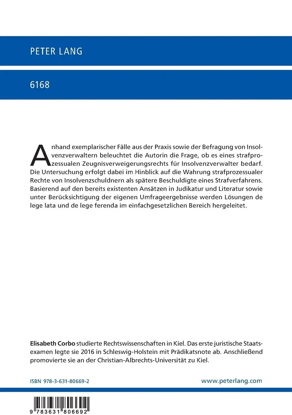 Rückseite: 9783631806692 | Strafprozessuales Zeugnisverweigerungsrecht für Insolvenzverwalter?
