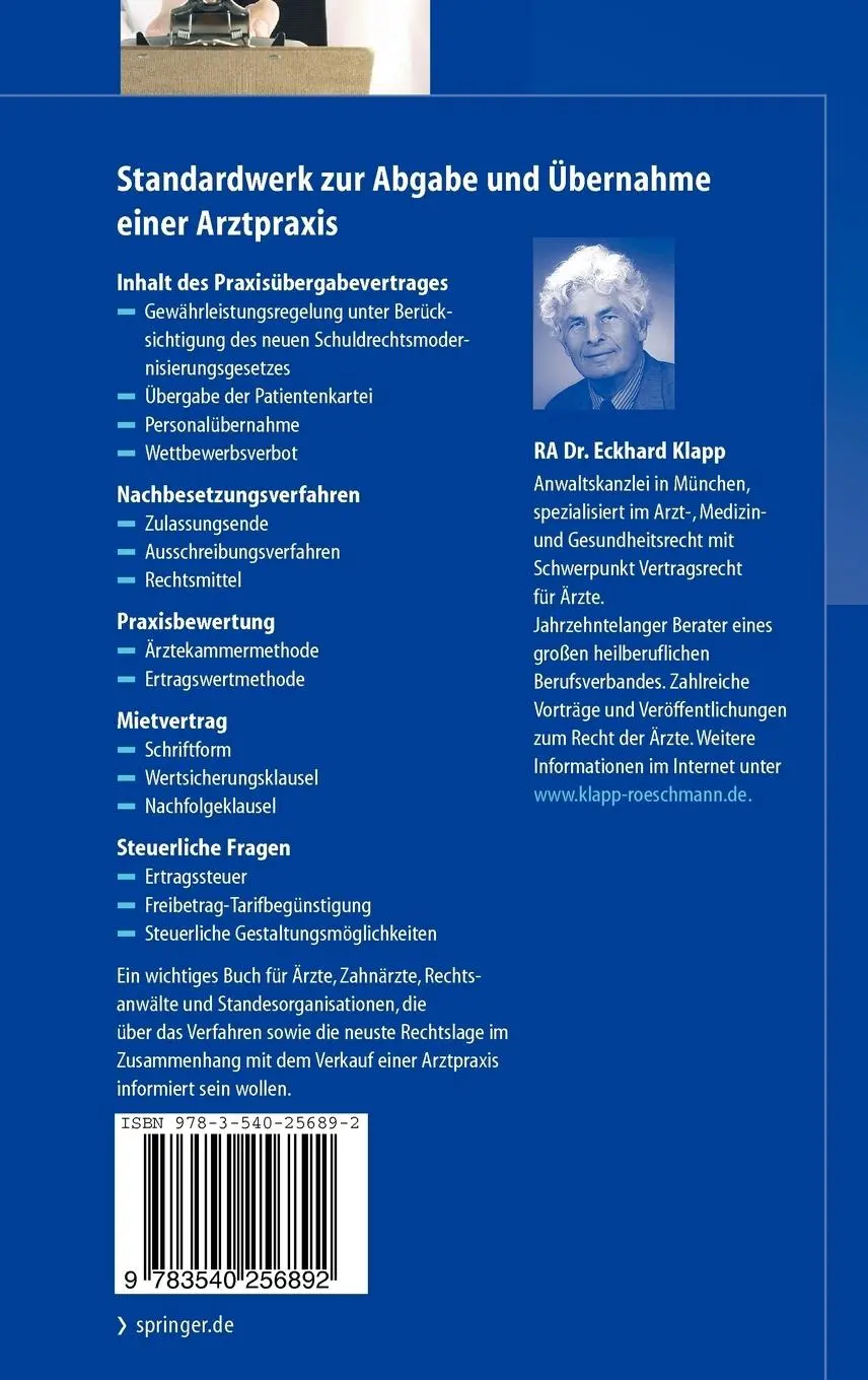 Rückseite: 9783540256892 | Abgabe und Übernahme einer Arztpraxis | Eckhard Klapp | Buch | xvi