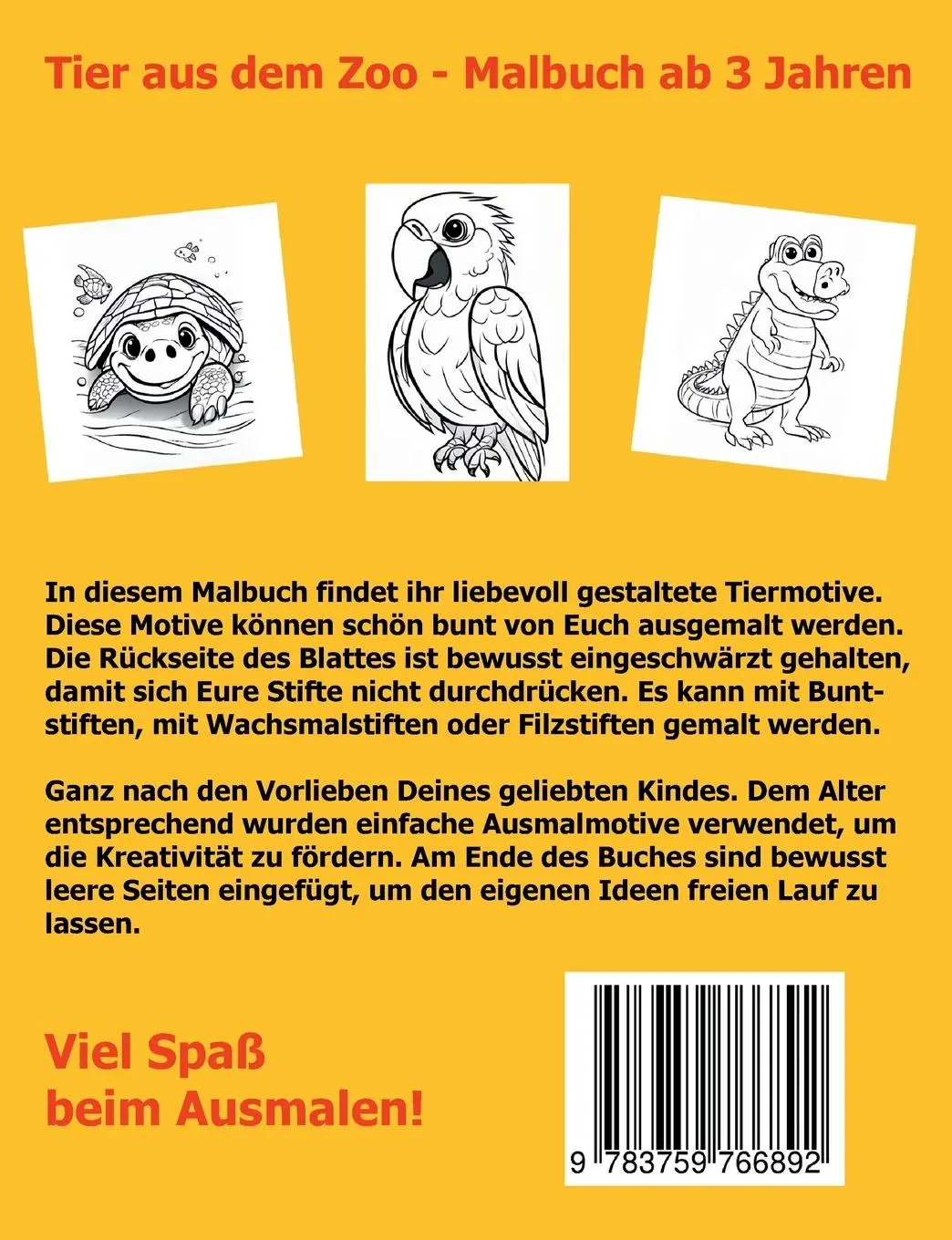 Rückseite: 9783759766892 | Tiere aus dem Zoo | Malbuch ab 3 Jahren | Stefan Maler | Taschenbuch