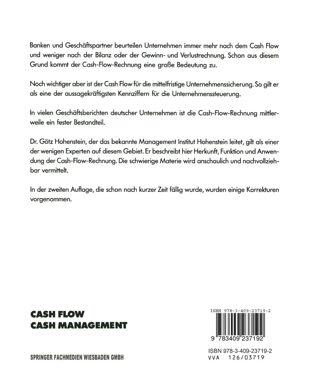 Rückseite: 9783409237192 | Cash Flow Cash Management | Götz Hohenstein | Taschenbuch | xii | 1994