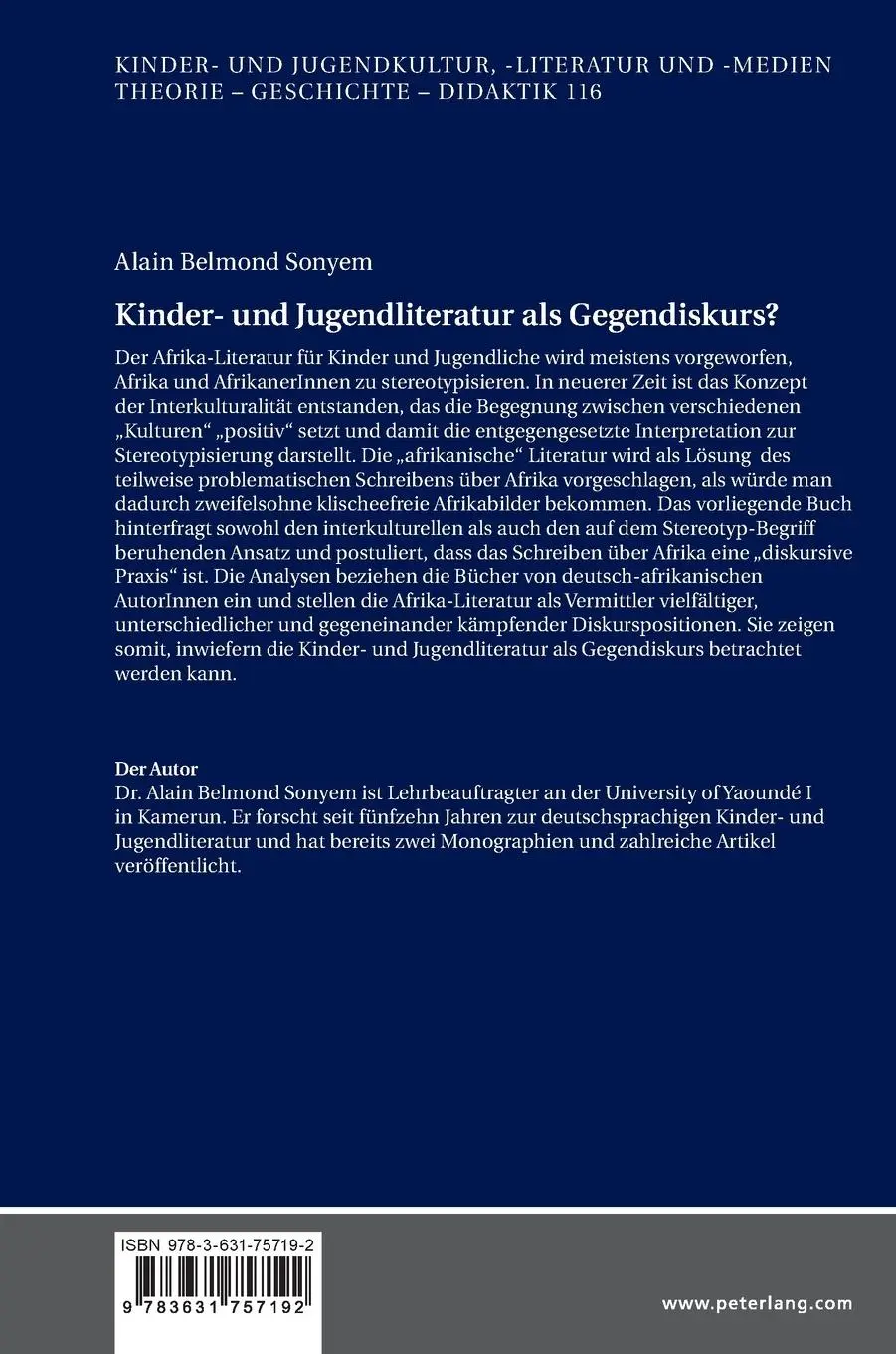 Rückseite: 9783631757192 | Kinder- und Jugendliteratur als Gegendiskurs? | Alain Belmond Sonyem
