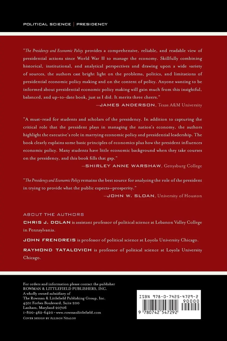 Rückseite: 9780742547292 | The Presidency and Economic Policy | Chris J. Dolan (u. a.) | Buch