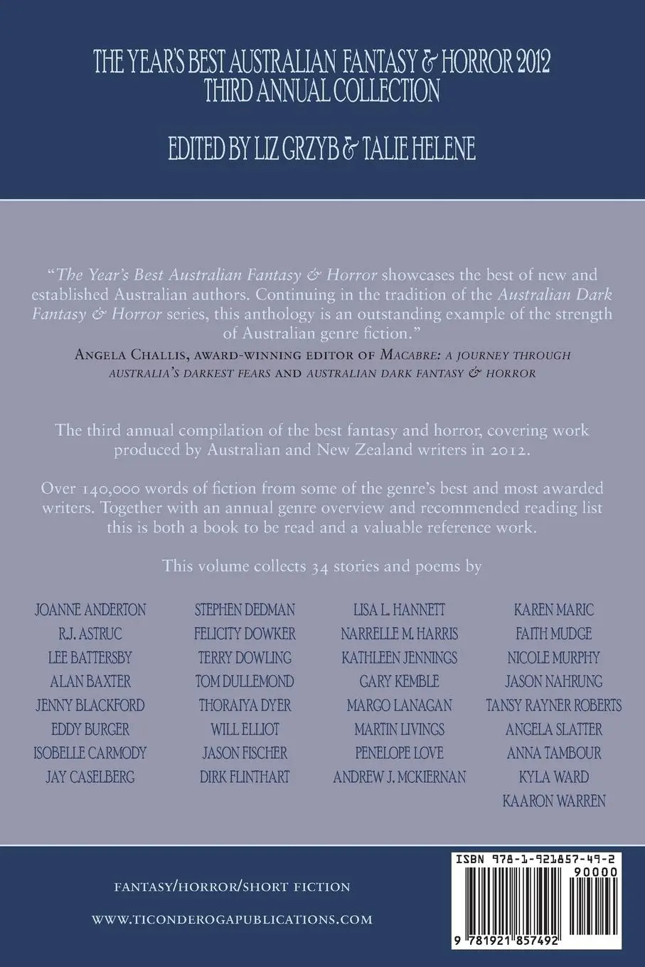 Rückseite: 9781921857492 | The Year's Best Australian Fantasy and Horror 2012 | Grzyb (u. a.)
