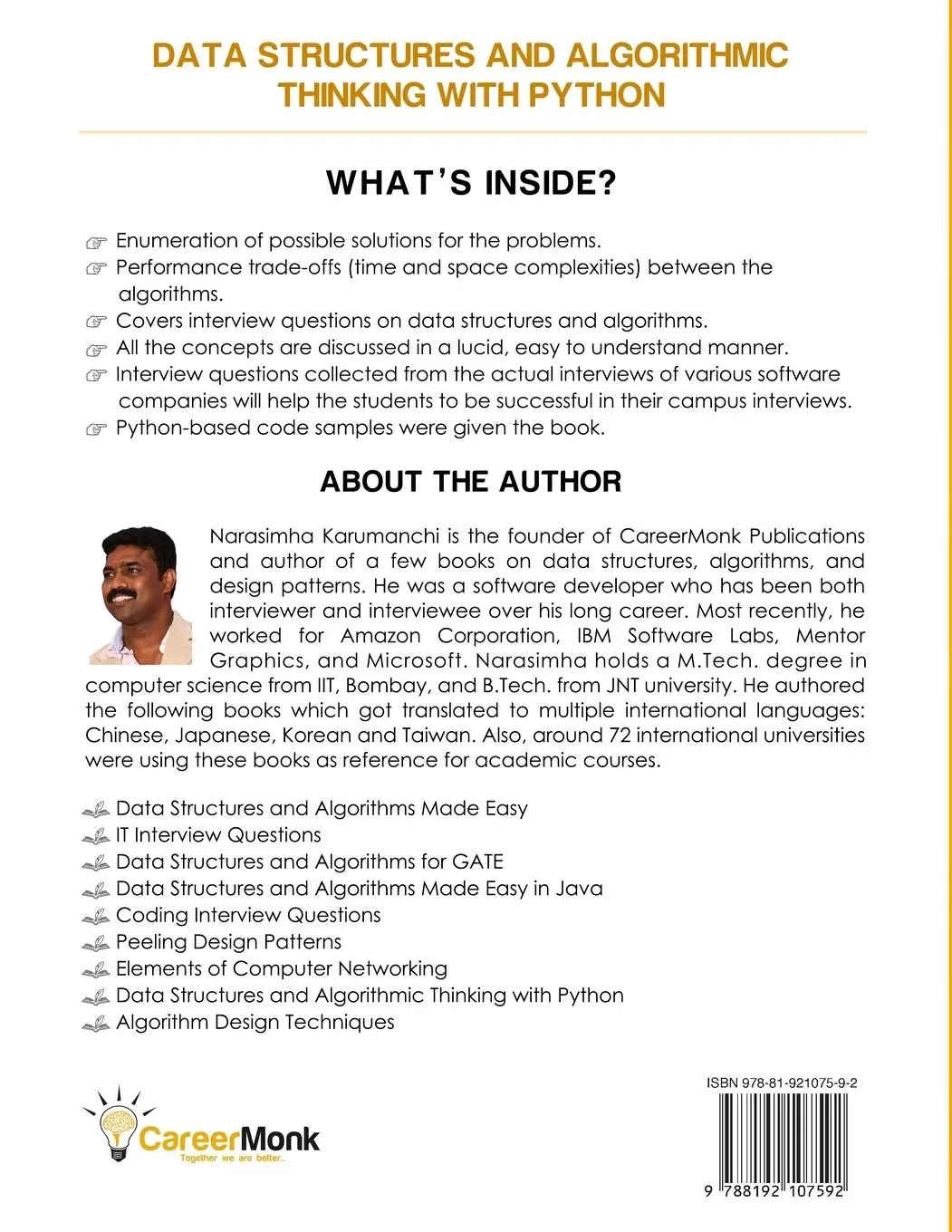 Rückseite: 9788192107592 | Data Structure and Algorithmic Thinking with Python | Karumanchi