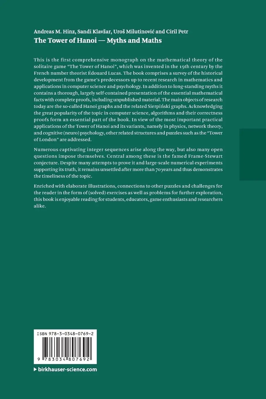 Rückseite: 9783034807692 | The Tower of Hanoi - Myths and Maths | Andreas M. Hinz (u. a.) | Buch
