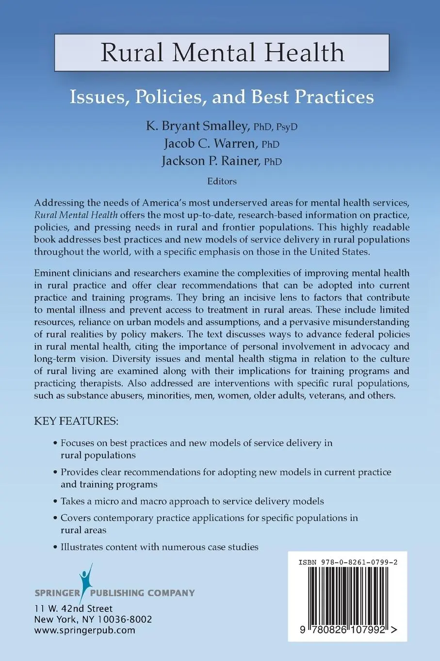 Rückseite: 9780826107992 | Rural Mental Health | Issues, Policies, and Best Practices | Buch