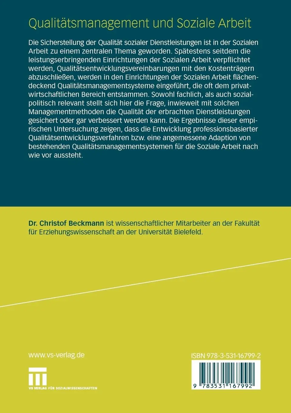 Rückseite: 9783531167992 | Qualitätsmanagement und Soziale Arbeit | Christof Beckmann | Buch