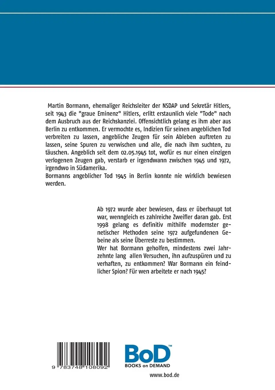 Rückseite: 9783748108092 | Die auffallend vielen "Tode" des Martin Bormann | Alfred H. Mühlhäuser