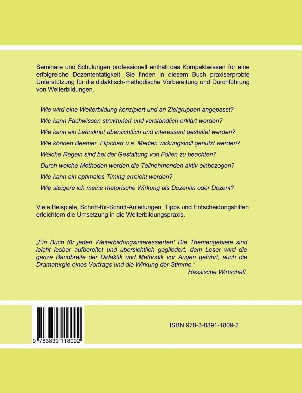 Rückseite: 9783839118092 | Seminare und Schulungen professionell | Peter Kompe (u. a.) | Buch