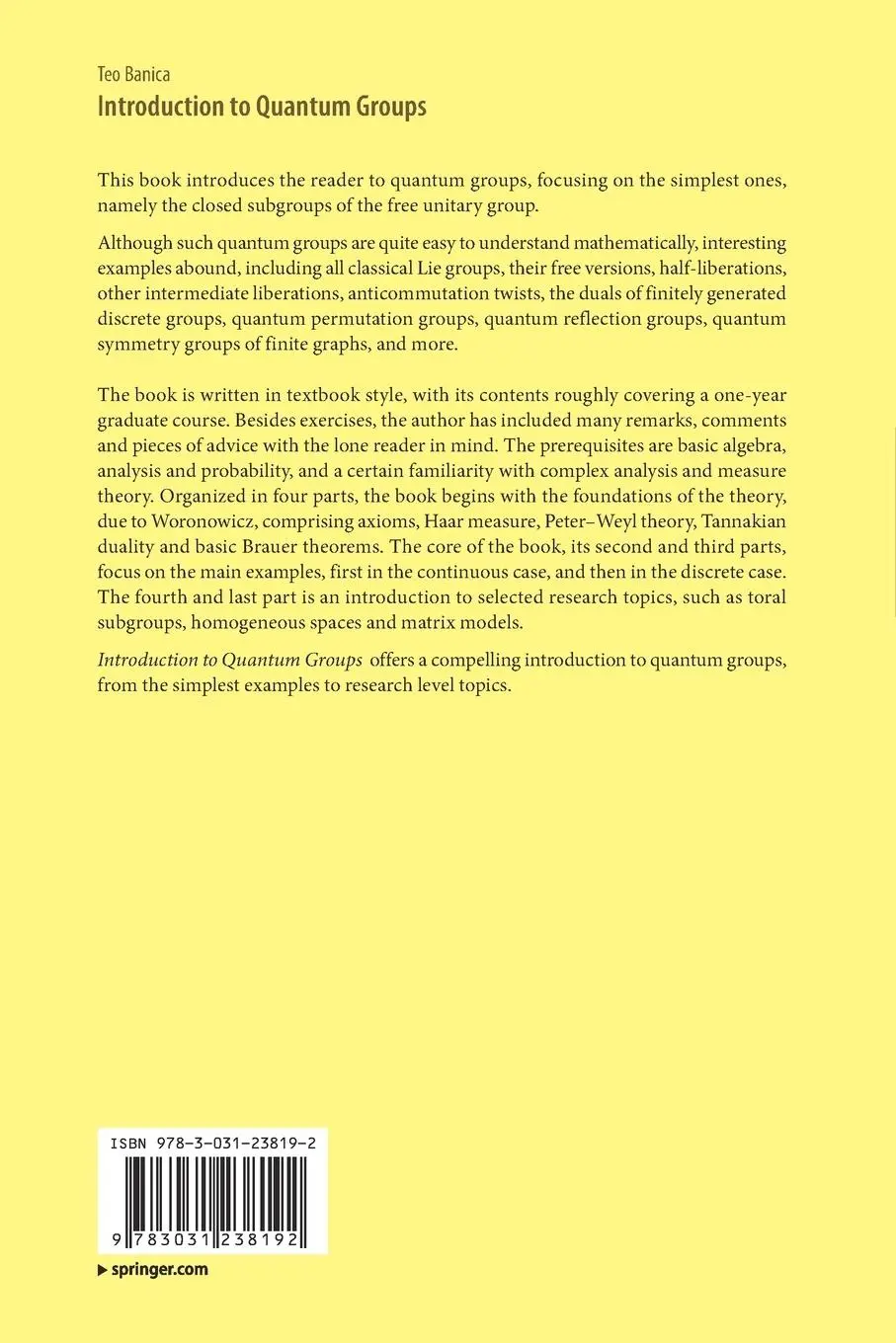 Rückseite: 9783031238192 | Introduction to Quantum Groups | Teo Banica | Taschenbuch | x | 2024