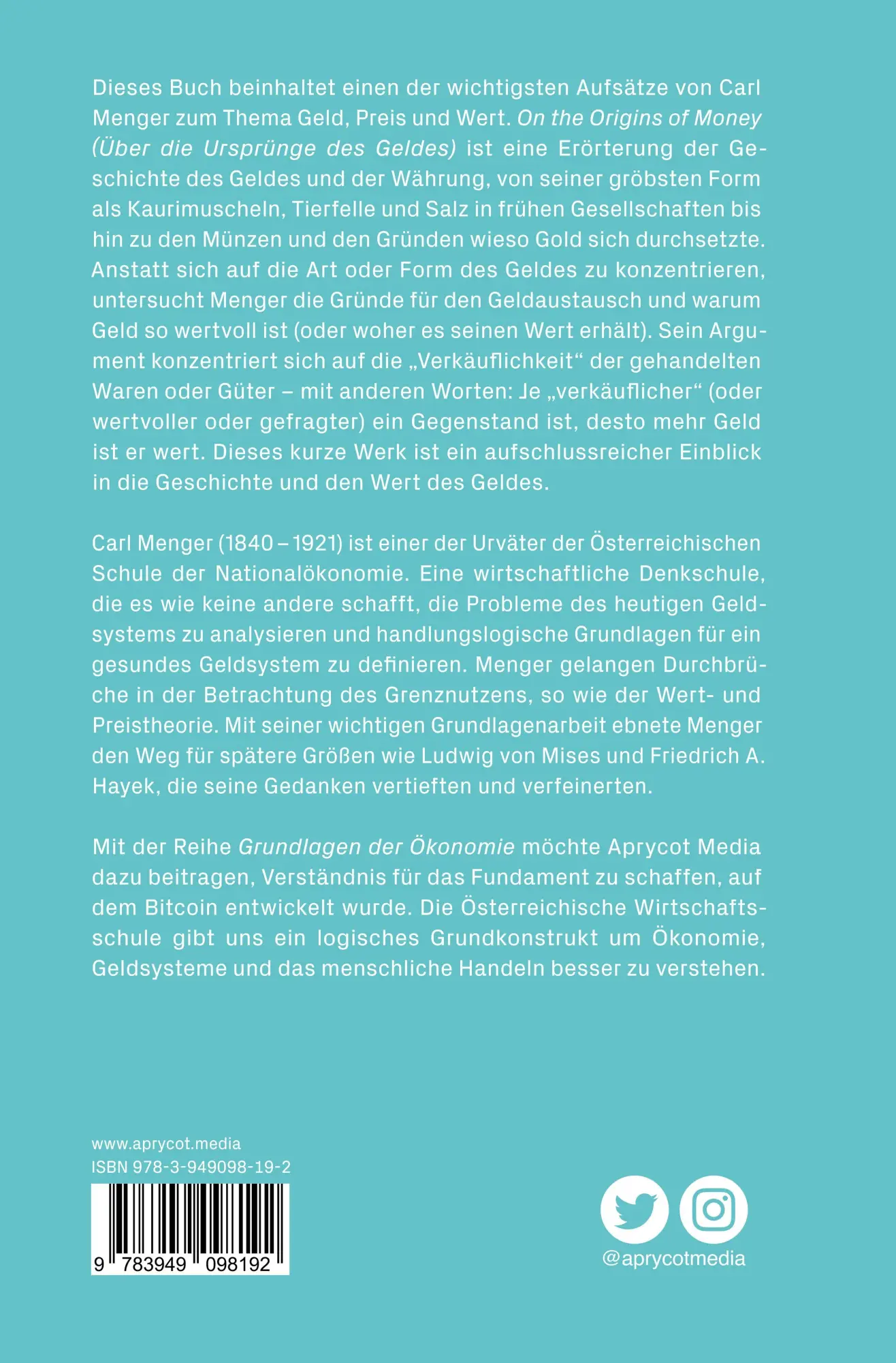 Rückseite: 9783949098192 | Grundlagen der Ökonomie: Das Wesentliche von Carl Menger | Carl Menger