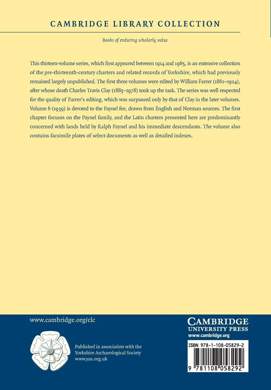 Rückseite: 9781108058292 | Early Yorkshire Charters | Volume 6, the Paynel Fee | Farrer (u. a.)