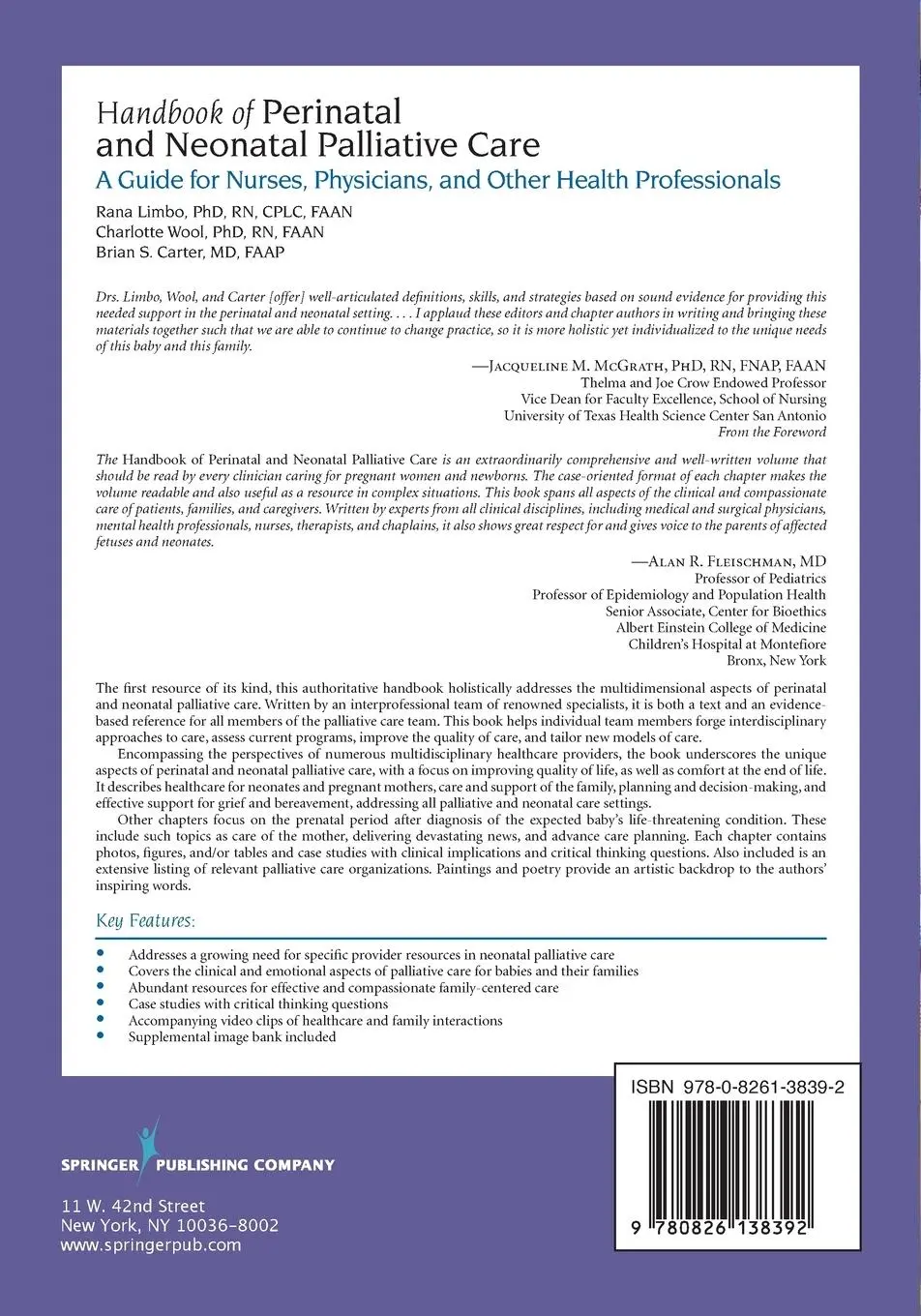 Rückseite: 9780826138392 | Handbook of Perinatal and Neonatal Palliative Care | Limbo (u. a.)