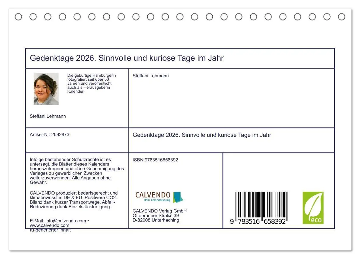 Bild: 9783516658392 | Gedenktage 2026. Sinnvolle und kuriose Tage im Jahr (Tischkalender...