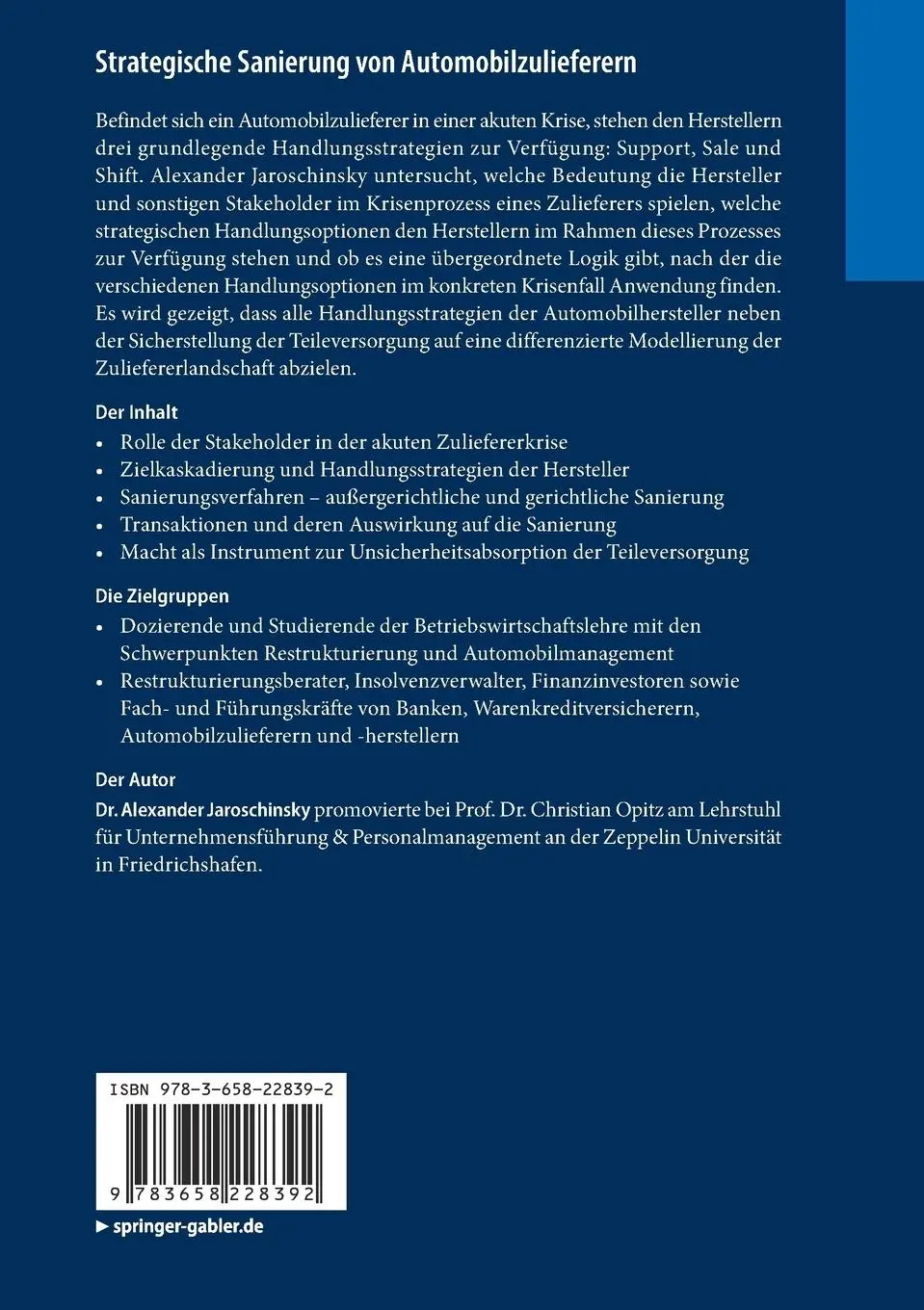 Rückseite: 9783658228392 | Strategische Sanierung von Automobilzulieferern | Jaroschinsky | Buch