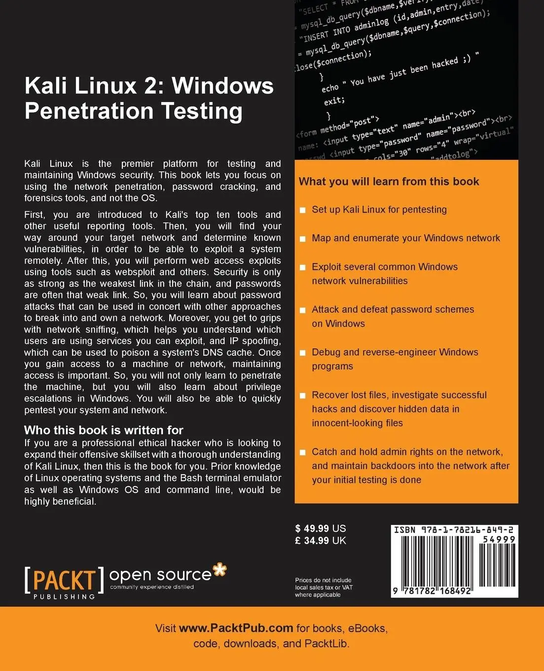 Rückseite: 9781782168492 | Kali Linux 2 | Wolf Halton (u. a.) | Taschenbuch | Englisch | 2016