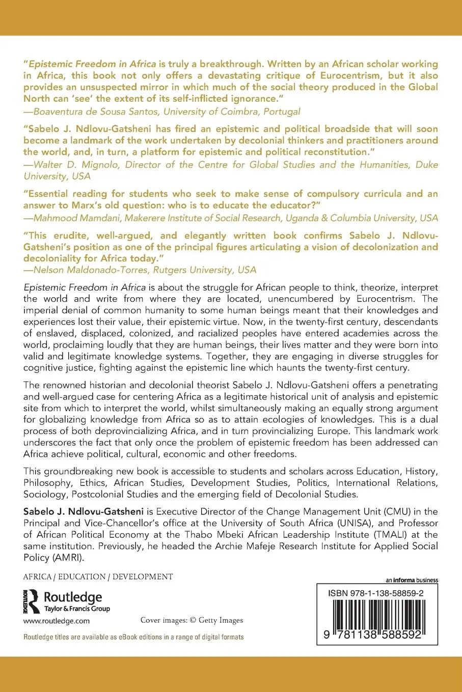 Rückseite: 9781138588592 | Epistemic Freedom in Africa | Deprovincialization and Decolonization