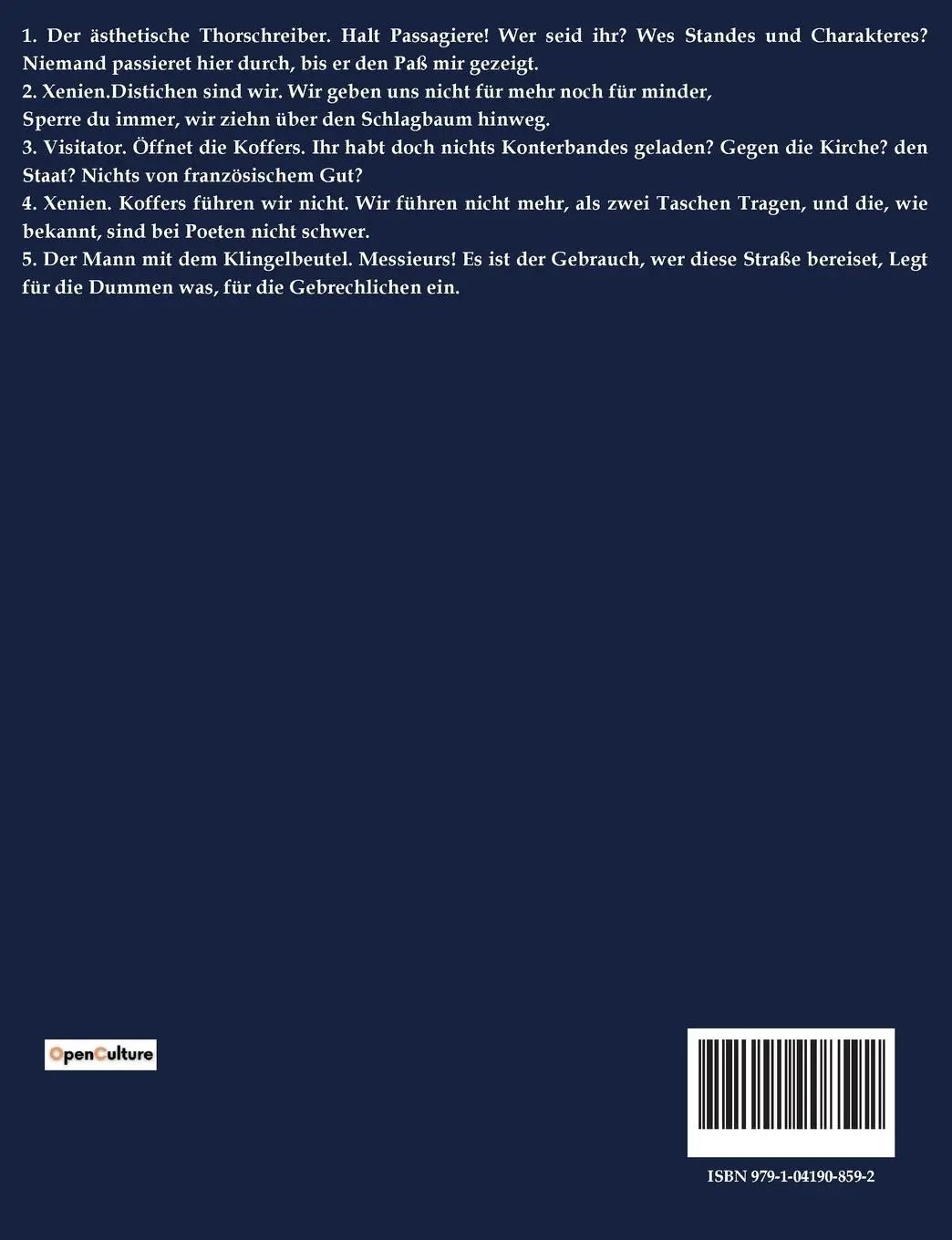Rückseite: 9791041908592 | Xenien | Friedrich Schiller (u. a.) | Taschenbuch | 72 S. | Deutsch