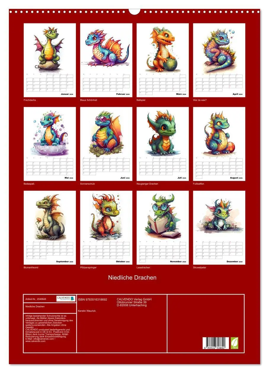 Bild: 9783516318692 | Niedliche Drachen (Wandkalender 2026 DIN A2 hoch), CALVENDO...