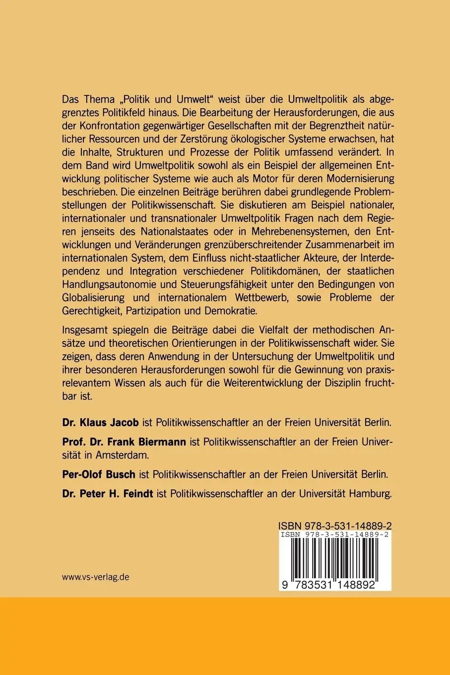 Rückseite: 9783531148892 | Politik und Umwelt | Klaus Jacob (u. a.) | Taschenbuch | ix | Deutsch