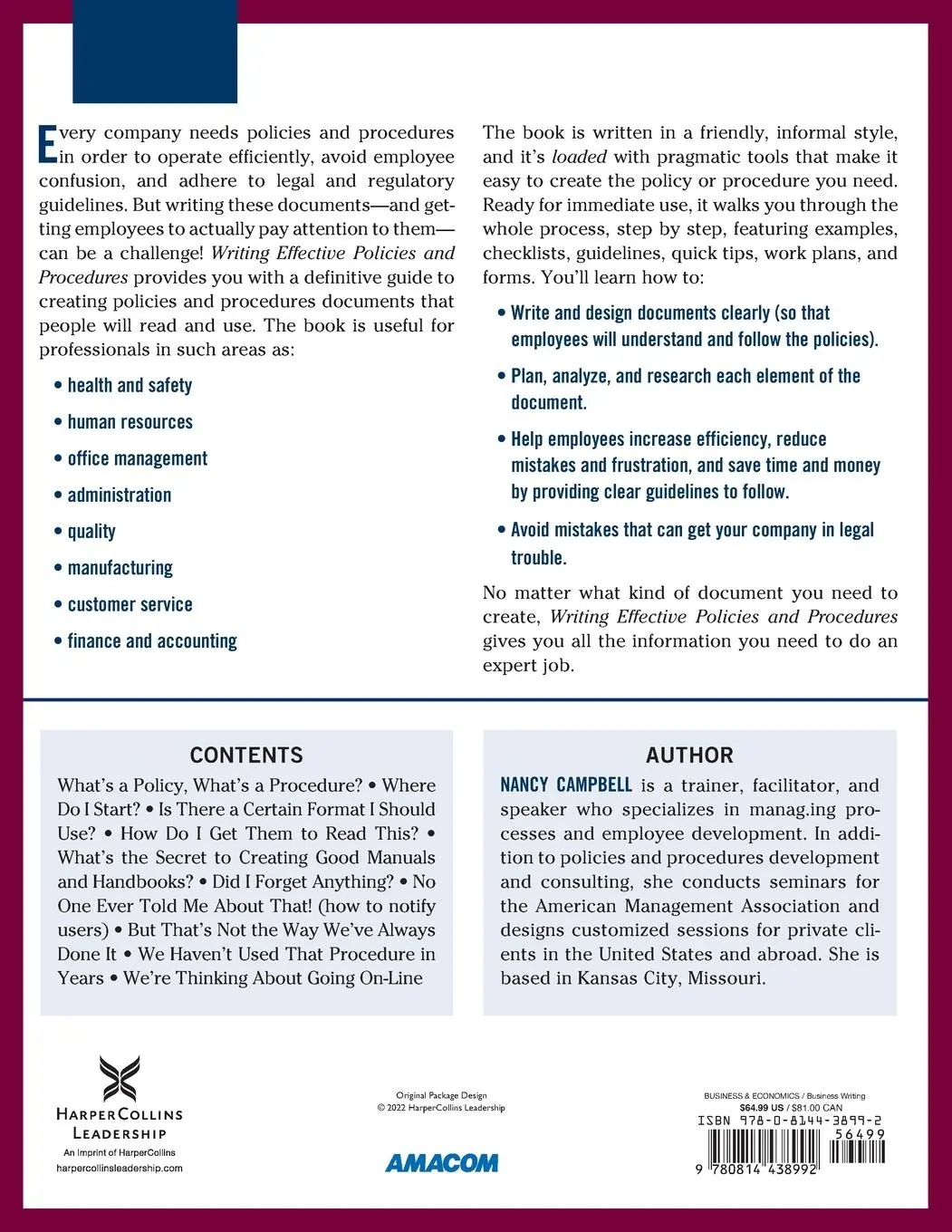 Rückseite: 9780814438992 | Writing Effective Policies and Procedures | Nancy Campbell | Buch