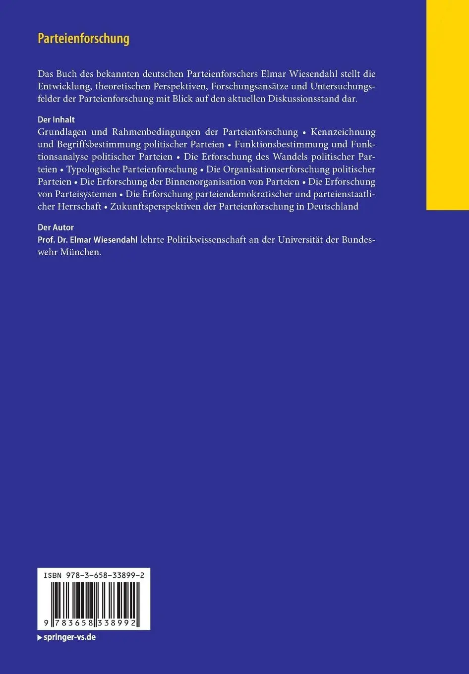 Rückseite: 9783658338992 | Parteienforschung | Ein Überblick | Elmar Wiesendahl | Taschenbuch