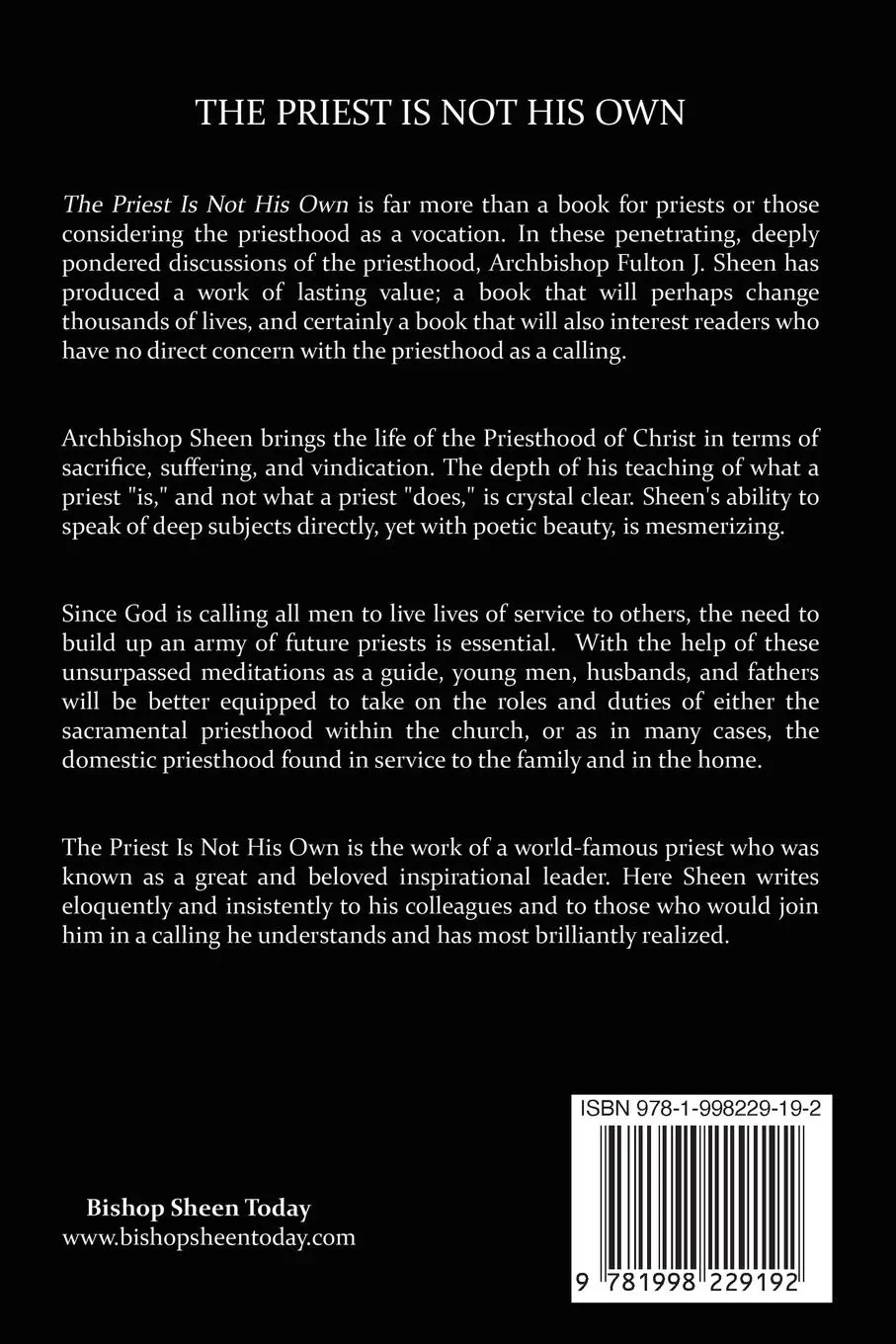 Rückseite: 9781998229192 | The Priest Is Not His Own | Fulton J. Sheen | Taschenbuch | Englisch
