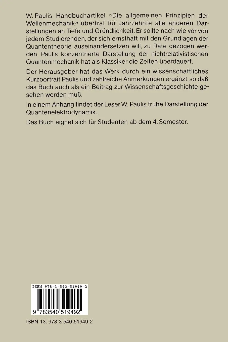 Rückseite: 9783540519492 | Die allgemeinen Prinzipien der Wellenmechanik | Wolfgang Pauli | Buch