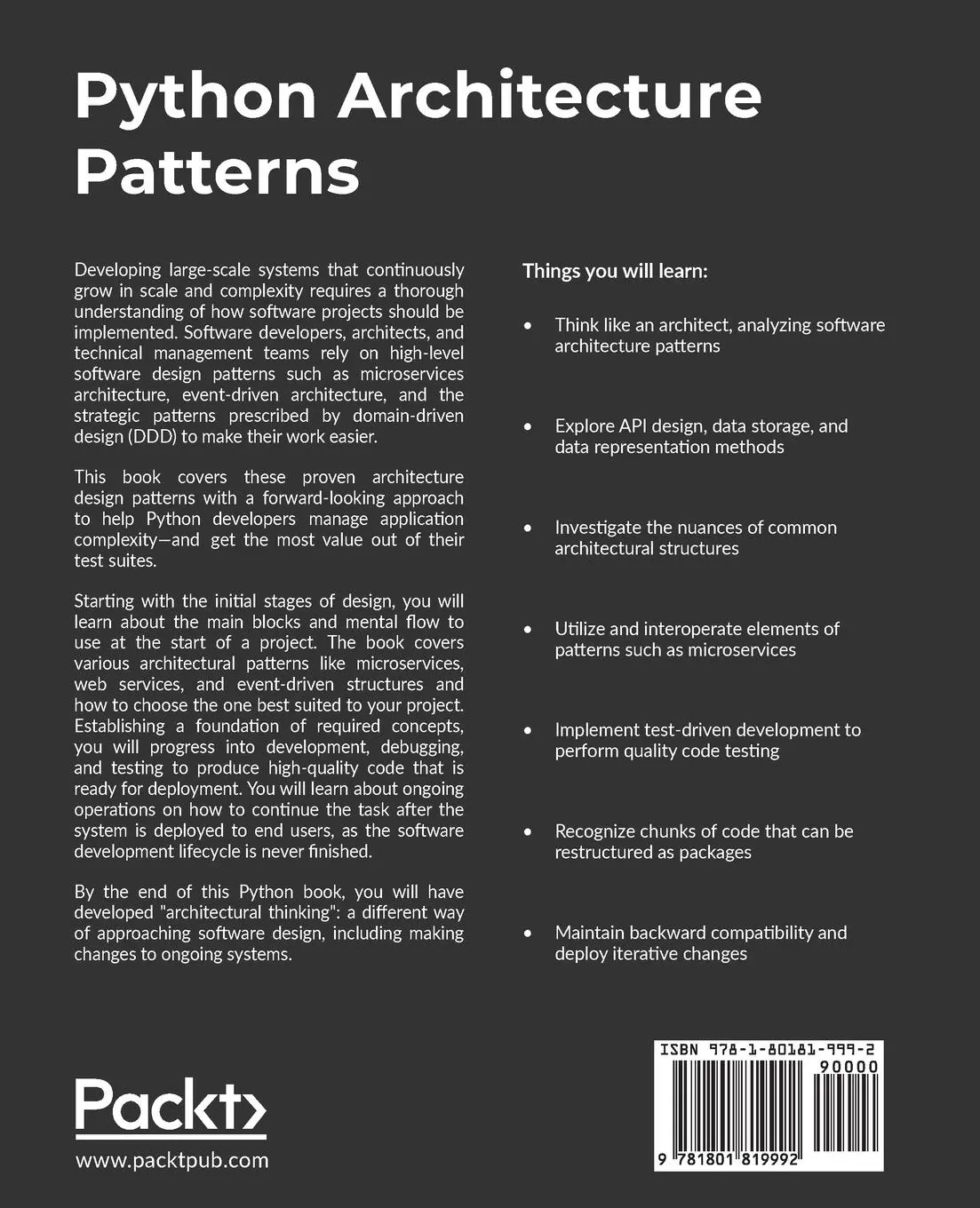 Rückseite: 9781801819992 | Python Architecture Patterns | Jaime Buelta | Taschenbuch | Englisch