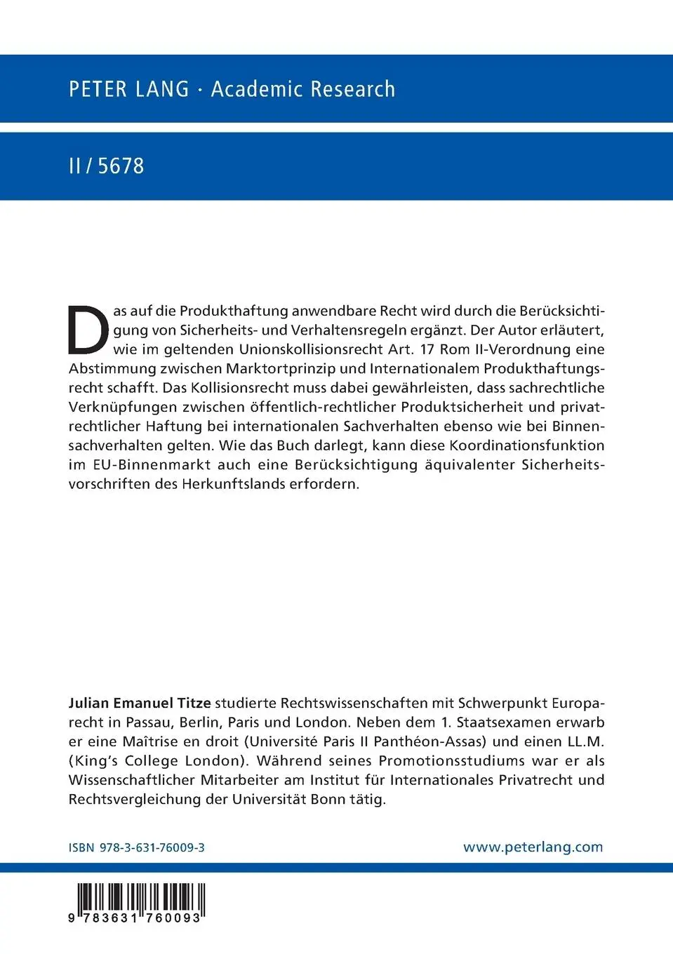 Rückseite: 9783631760093 | Sicherheits- und Verhaltensregeln im Produkthaftungsstatut | Titze
