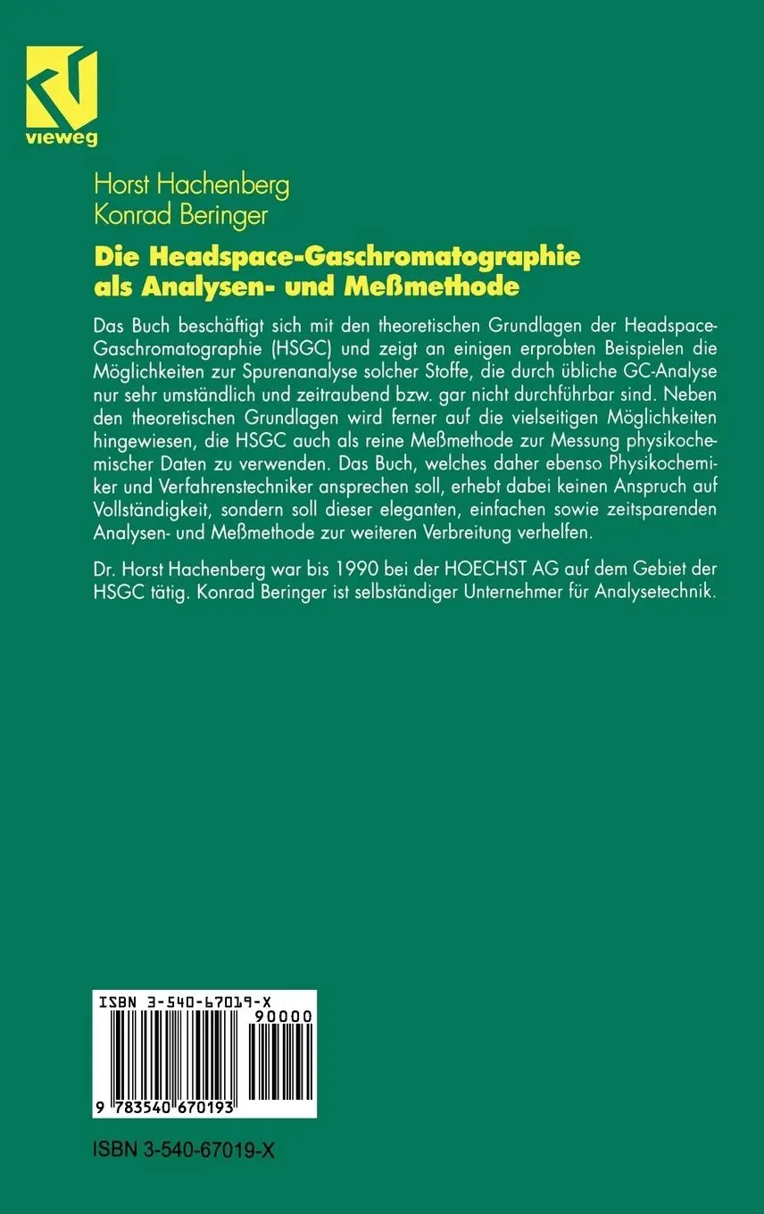 Rückseite: 9783540670193 | Die Headspace-Gaschromatographie als Analysen- und Meßmethode | Buch