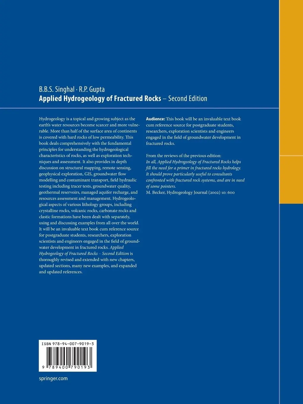 Rückseite: 9789400790193 | Applied Hydrogeology of Fractured Rocks | Second Edition | Taschenbuch