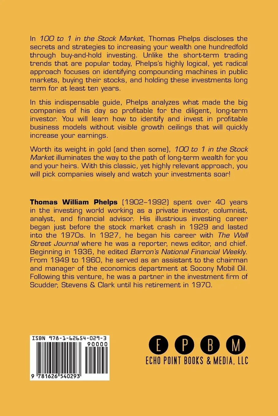 Rückseite: 9781626540293 | 100 to 1 in the Stock Market | Thomas William Phelps | Taschenbuch