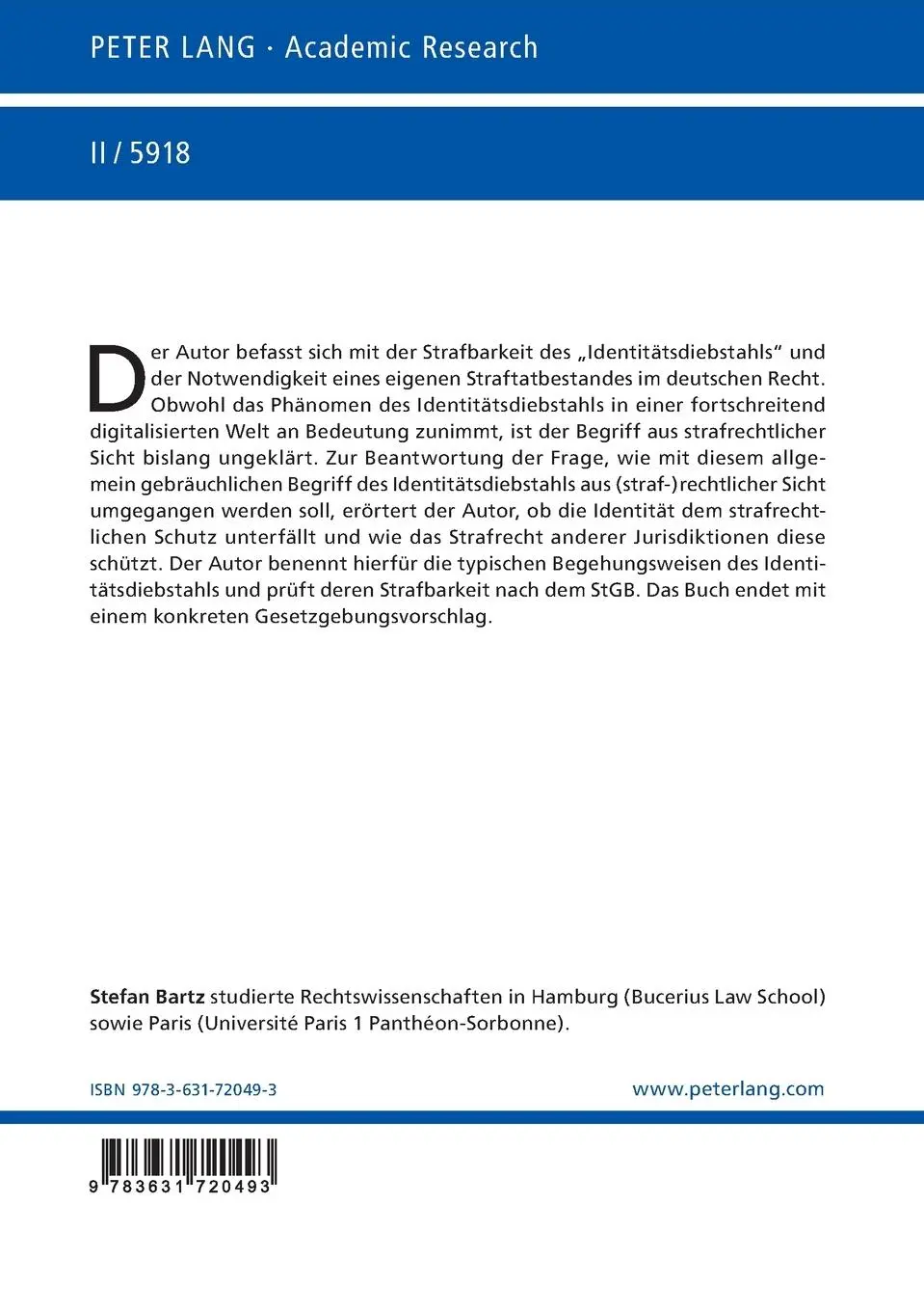 Rückseite: 9783631720493 | Identitätsdiebstahl | Stefan Bartz | Taschenbuch | 248 S. | Deutsch