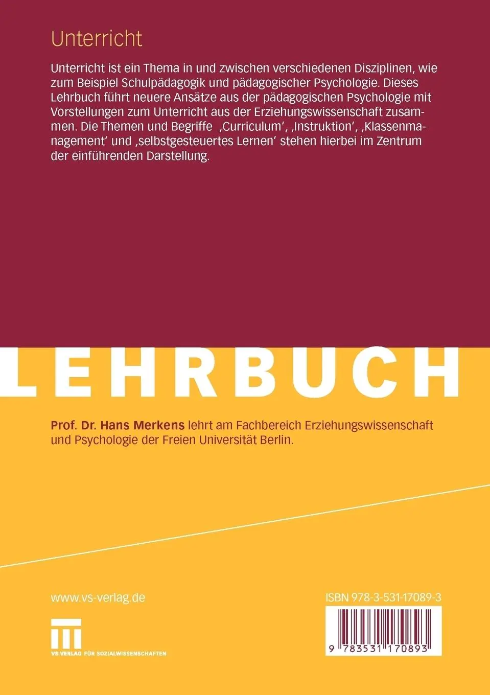 Rückseite: 9783531170893 | Unterricht | Eine Einführung | Hans Merkens | Taschenbuch | 203 S.