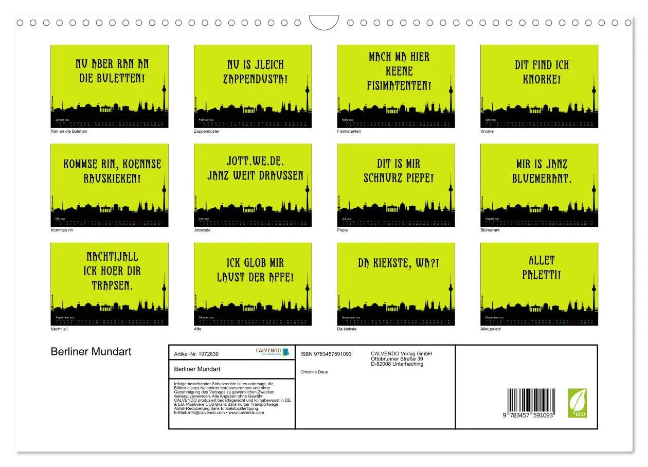 Bild: 9783457591093 | Berliner Mundart (Wandkalender 2026 DIN A3 quer), CALVENDO...