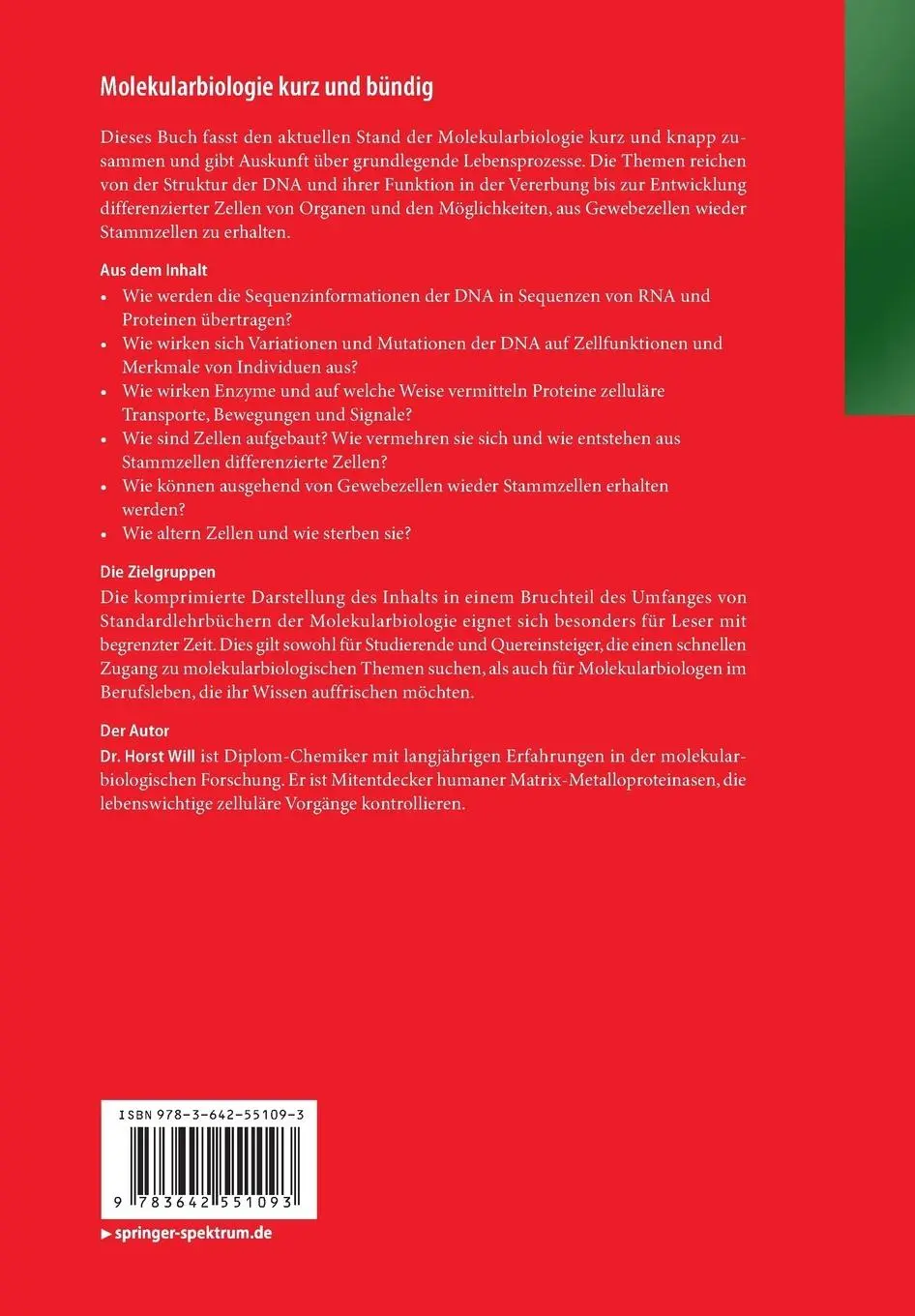 Rückseite: 9783642551093 | Molekularbiologie kurz und bündig | Horst Will | Taschenbuch | x