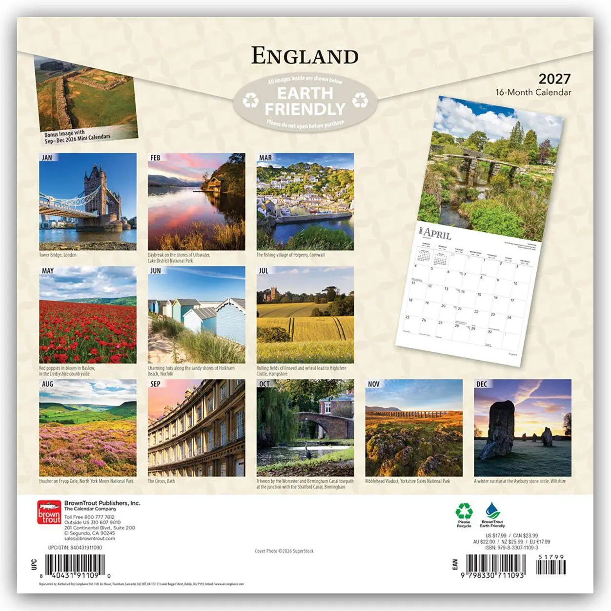 Rückseite: 9798330711093 | England 2027 - 16-Monatskalender | Browntrout Publishers | Kalender