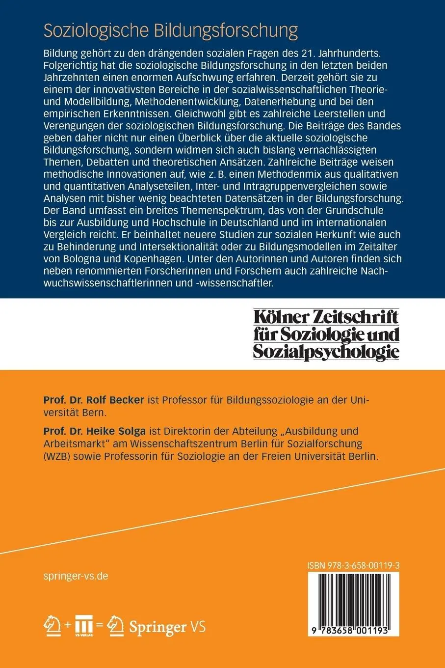 Rückseite: 9783658001193 | Soziologische Bildungsforschung | Heike Solga (u. a.) | Taschenbuch