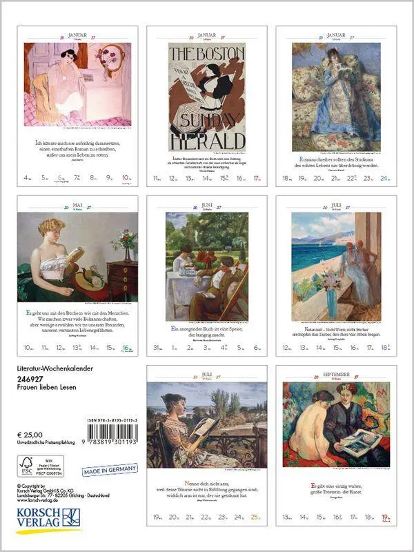 Bild: 9783819301193 | Literaturkalender Frauen lieben Lesen 2027 | Korsch Verlag | Kalender