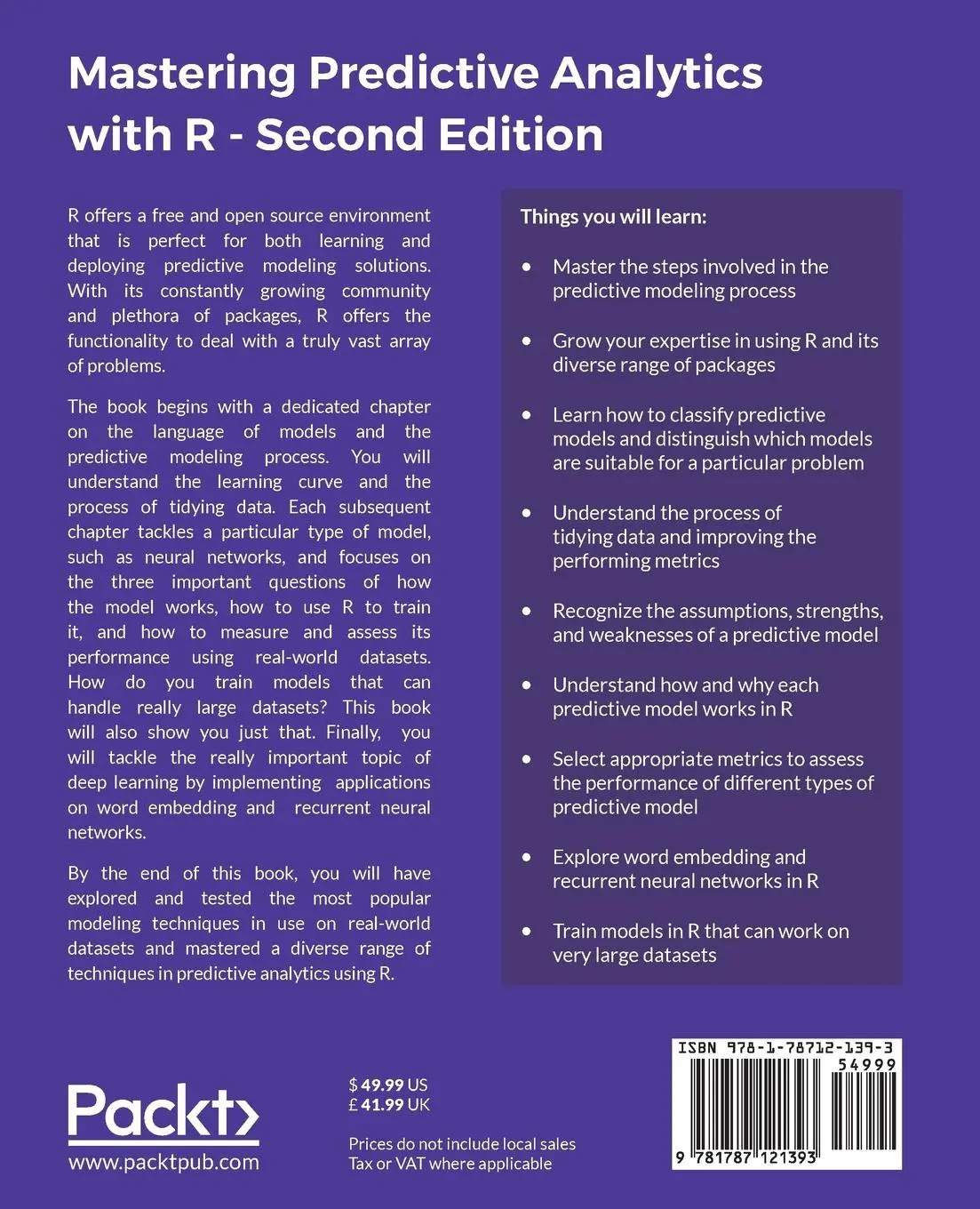 Rückseite: 9781787121393 | Mastering Predictive Analytics with R, Second Edition | Miller (u. a.)