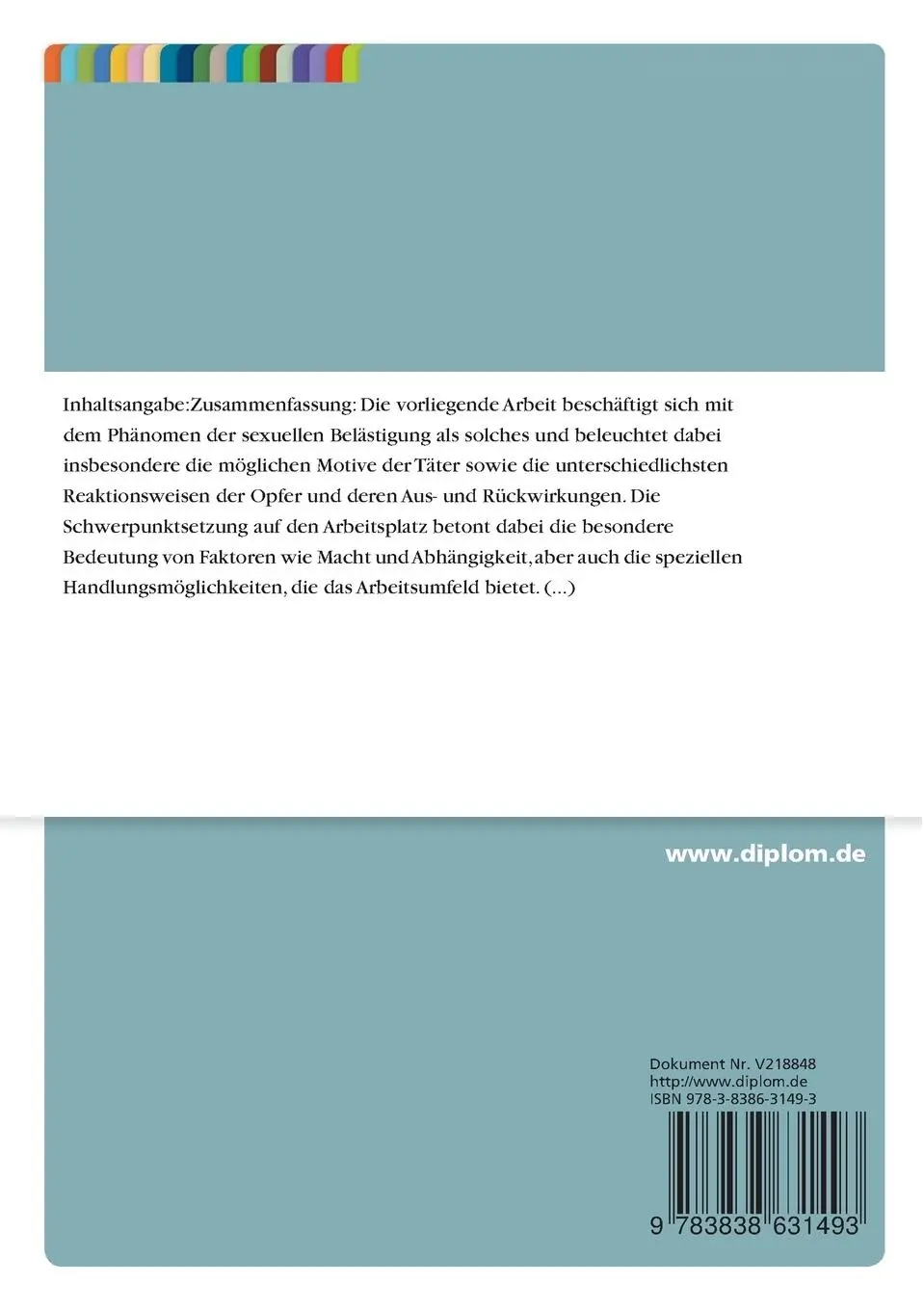 Rückseite: 9783838631493 | Sexuelle Belästigung am Arbeitsplatz | Corinna Zegbaum | Taschenbuch