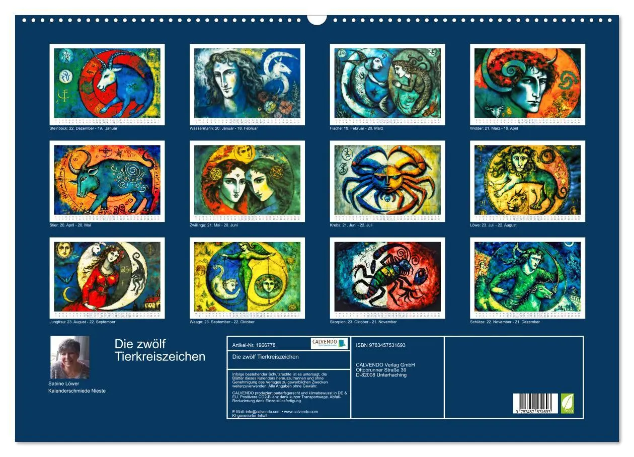 Bild: 9783457531693 | Die zwölf Tierkreiszeichen (Wandkalender 2026 DIN A2 quer),...