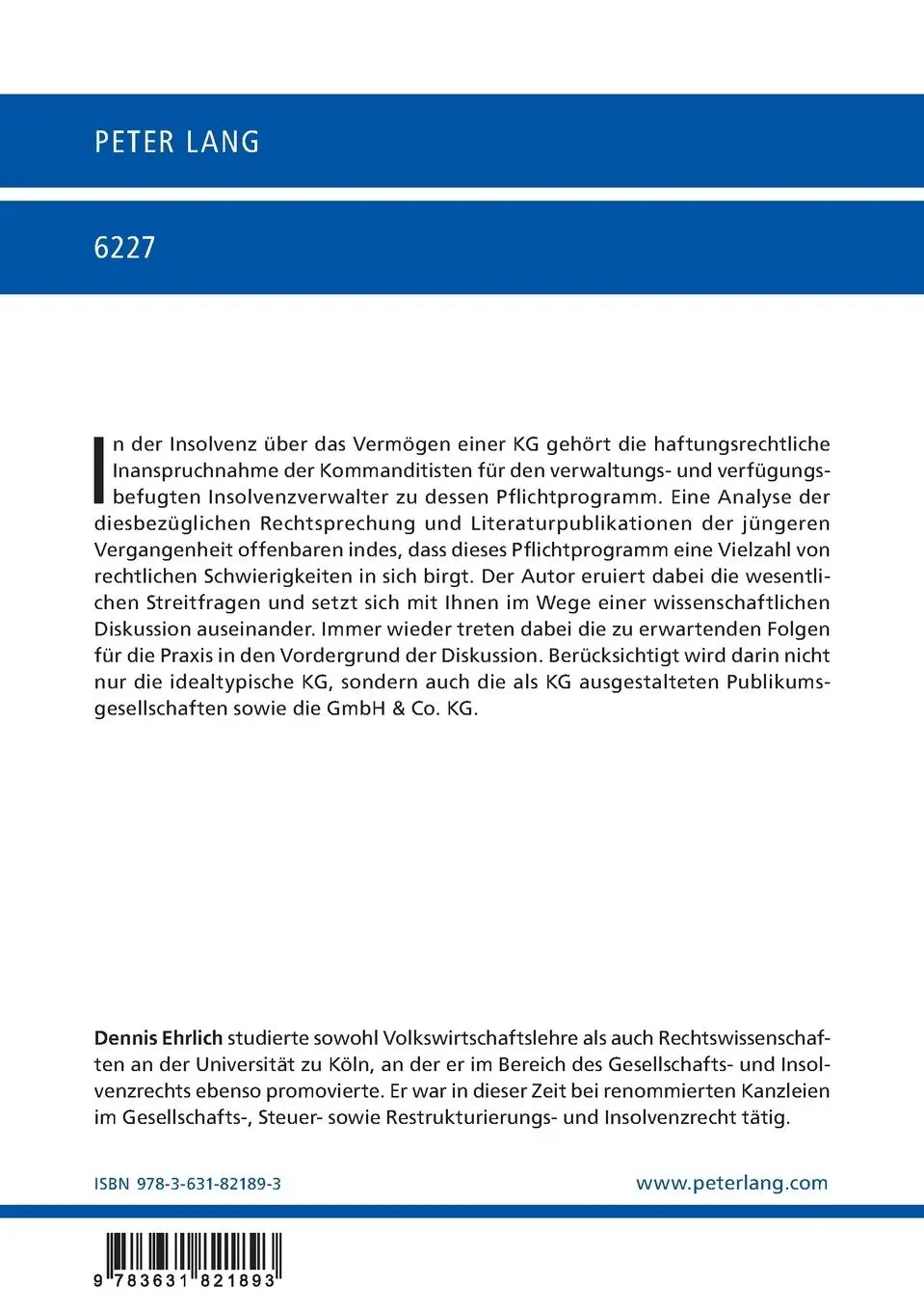 Rückseite: 9783631821893 | Die Haftung des Kommanditisten nach §§ 171, 172 HGB in Krise und...