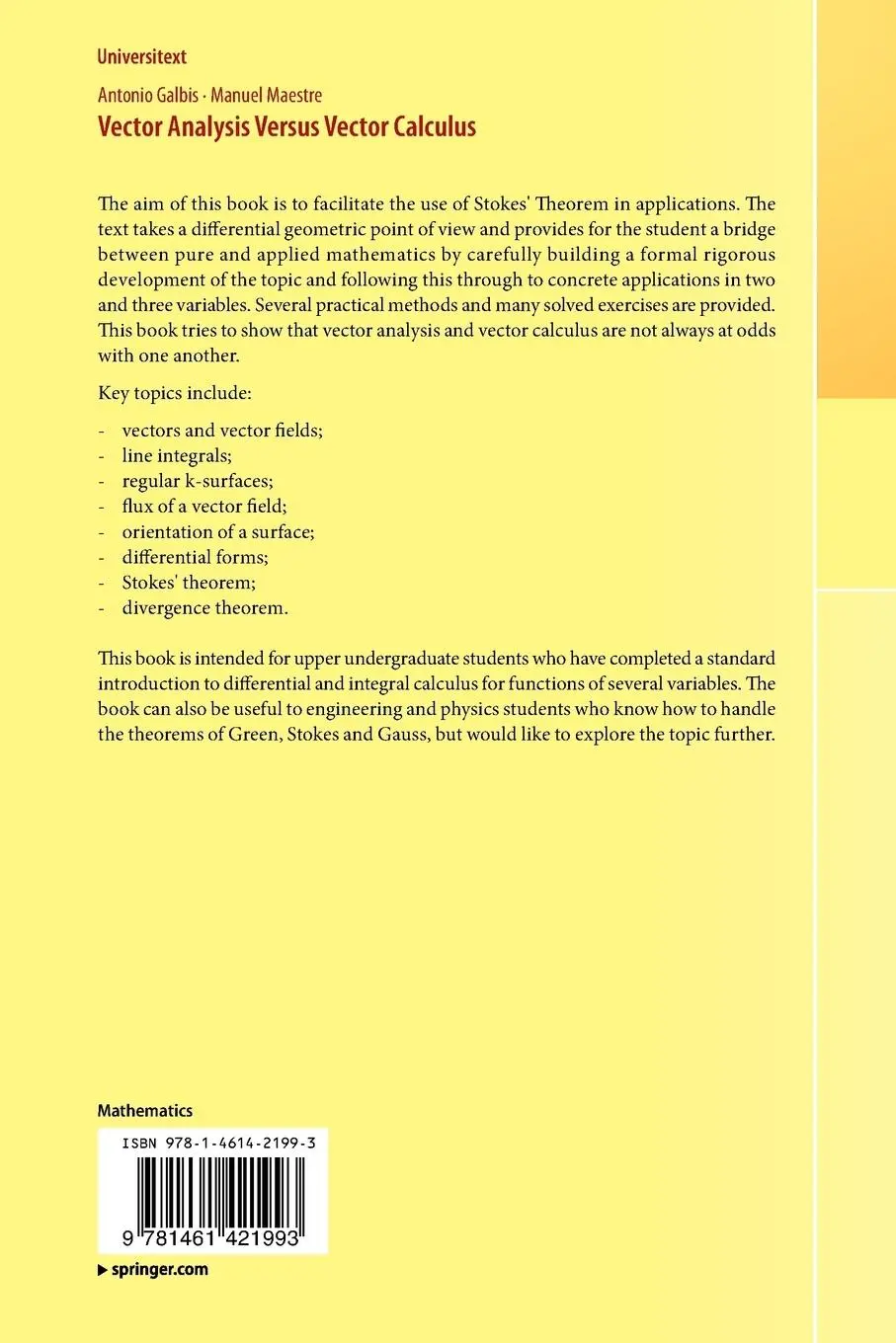 Rückseite: 9781461421993 | Vector Analysis Versus Vector Calculus | Manuel Maestre (u. a.) | Buch